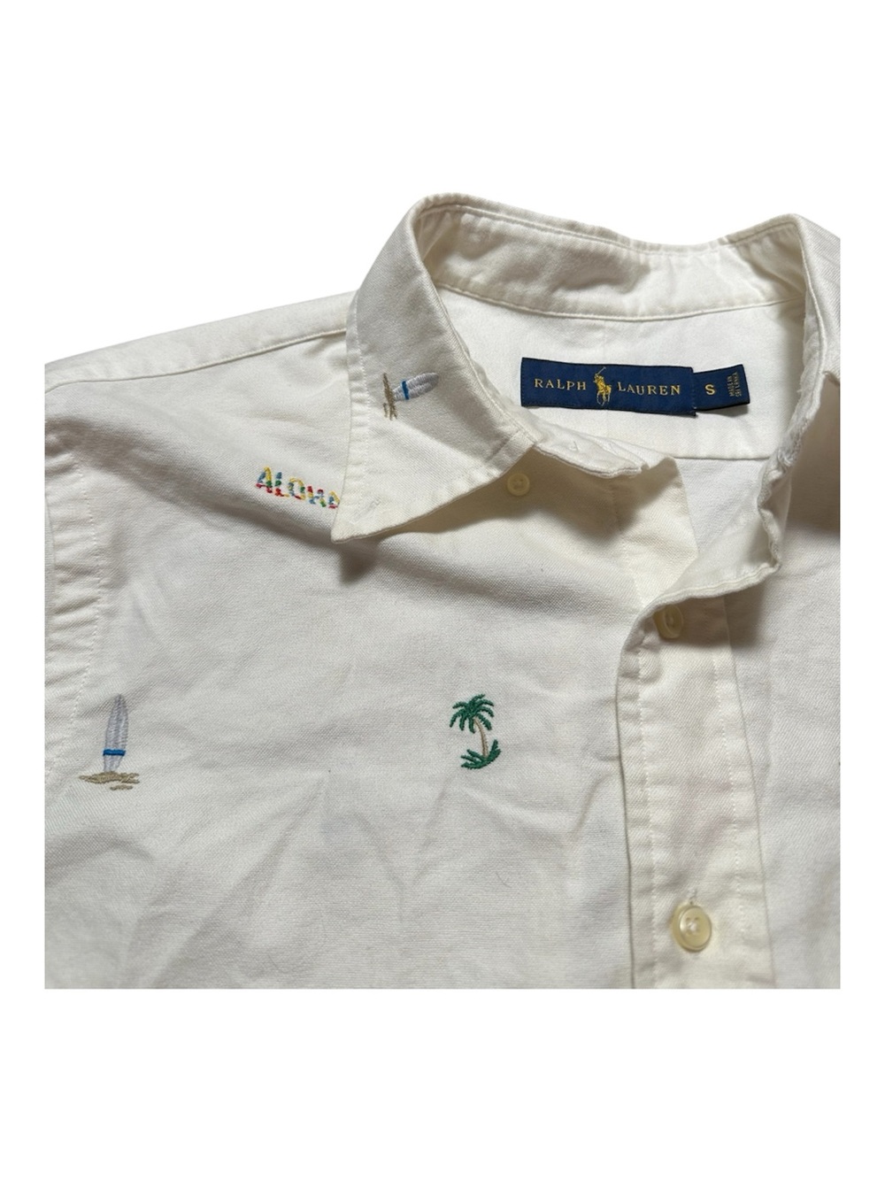 Ralph Lauren Cream Short-Sleeve Button-Down with Tropical Embroidery